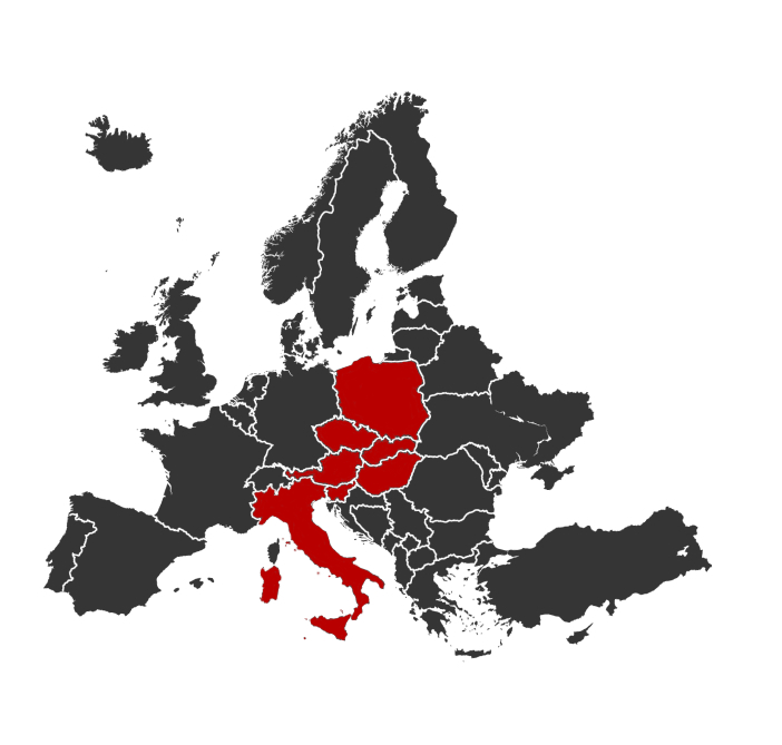 Mapa Európy - krajiny prepravy Anthony Transport